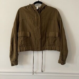 F21 Linen Cotton Boxy Hooded Utility Jacket Olive Green Size S Drawstring‎ Basic